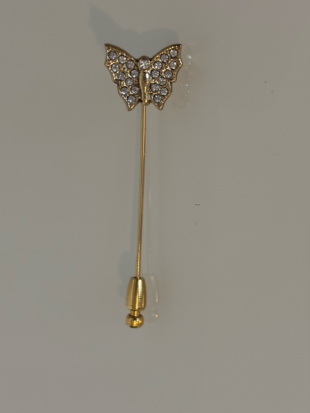 Vintage Gold Tone Rhinestone Butterfly Long Stick Pin Brooch